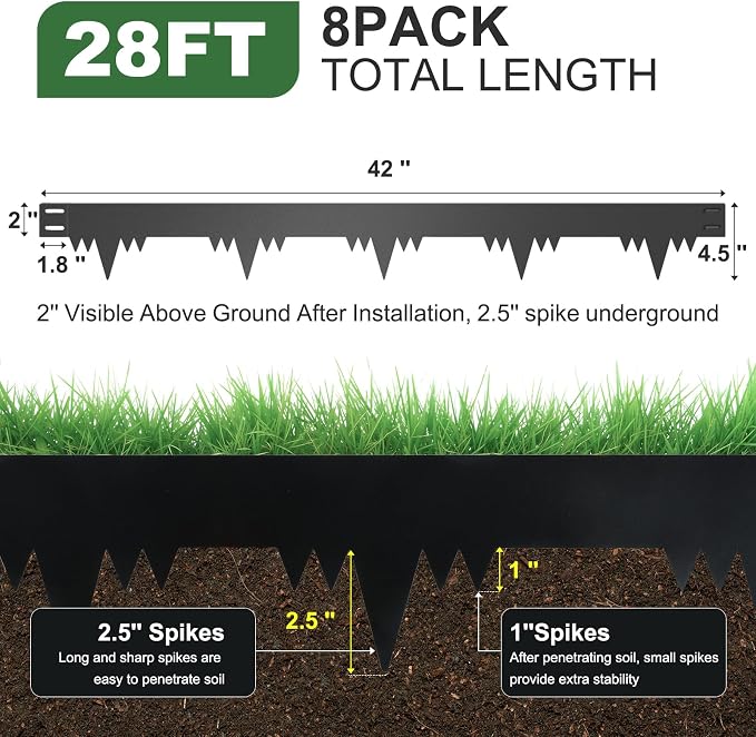 Metal Landscape Edging Border 8 Packs 42'' L x 4.5'' H, Galvanized Steel Garden Edging Border with 8 Stakes, Hammer-in Lawn Edging for Landscaping, Flower Bed, Yard, Pathway, Tree Ring (28ft Total)
