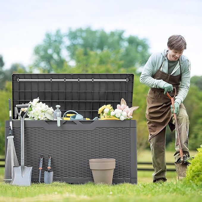 Flamaker Outdoor Storage Box 100 Gallon Waterproof Resin Deck Box Delivery Box with Air Rod Indoor Outdoor Lockable Storage Bench for Patio Cushions, Tools, Pool Accessories (Gray)