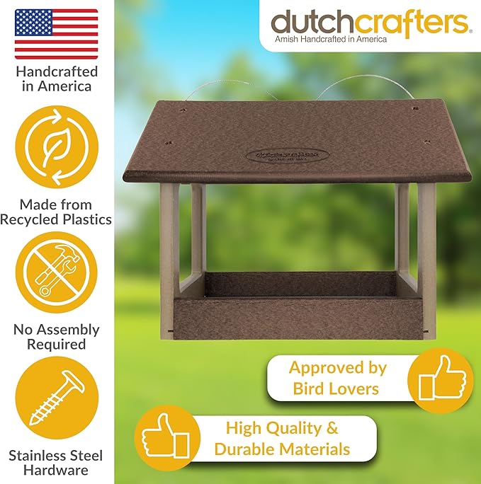 DutchCrafters Amish USA Made Recycled Plastic Large Hanging Modern Fly Through Covered Roof Open Platform Tray Bird Feeder for Outdoors, Garden, Yard (Tudor Brown & Weatherwood)