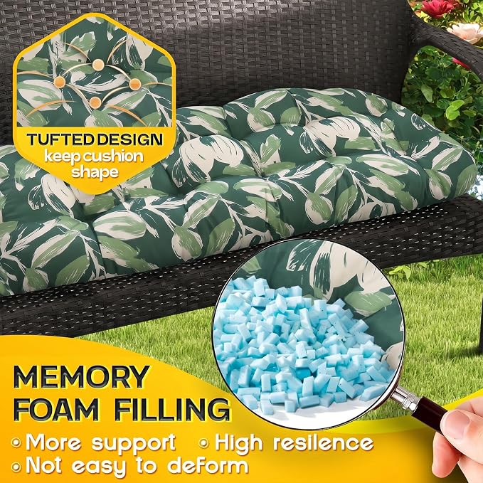 MAGIC ELEPHANT Outdoor Bench Cushion, Memory Foam Loveseat Cushion for Patio Furniture Wicker Chair, Settee Porch Swing Seat Cushion, 44 x 19 Inches (Forest Green Tulip)