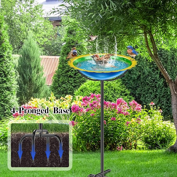 Metal Bird Bath for Outside, Garden Birdbath Bowl Freestanding Bird Feeders for Outdoors with 4 Prongs Base Stake, Standing Birdfeeders for Yard Lawn Decor (Blue Yellow)