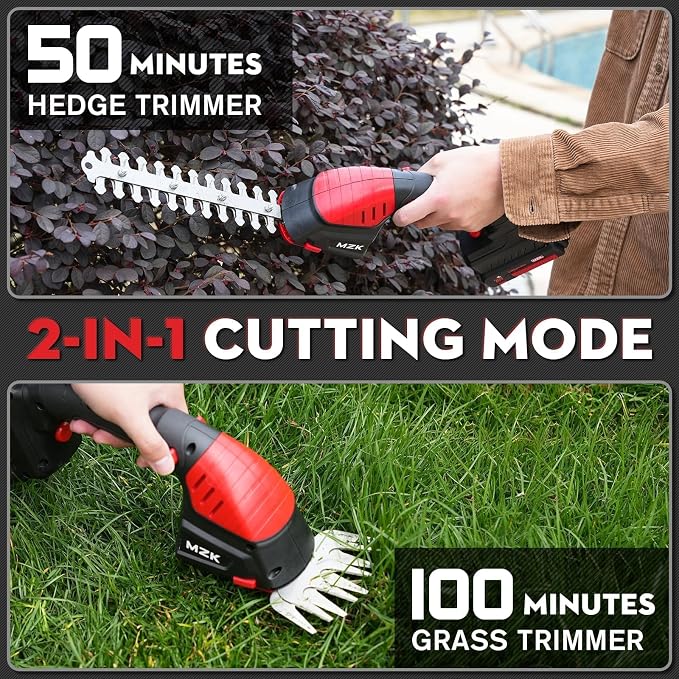 MZK 2-in-1 20V Pole Mini Hedge Trimmer & Grass Shear, 13ft Reach, Electric Hedge Trimmer with Extension Pole, Multi-Angle,Used in Garden,Yard(2*Batteries and Charger Included)