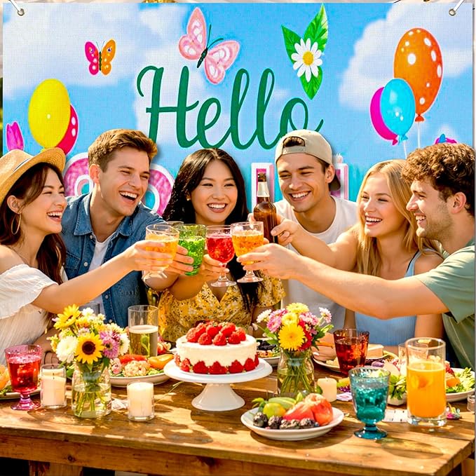 BlissYard Spring Gnome Backdrop 8x6ft Hello Spring Garden Party Background Cute Cartoon Gnome Photography Backdrop for Spring Festival Easter Celebration Birthday Classroom Photo Booth Decor