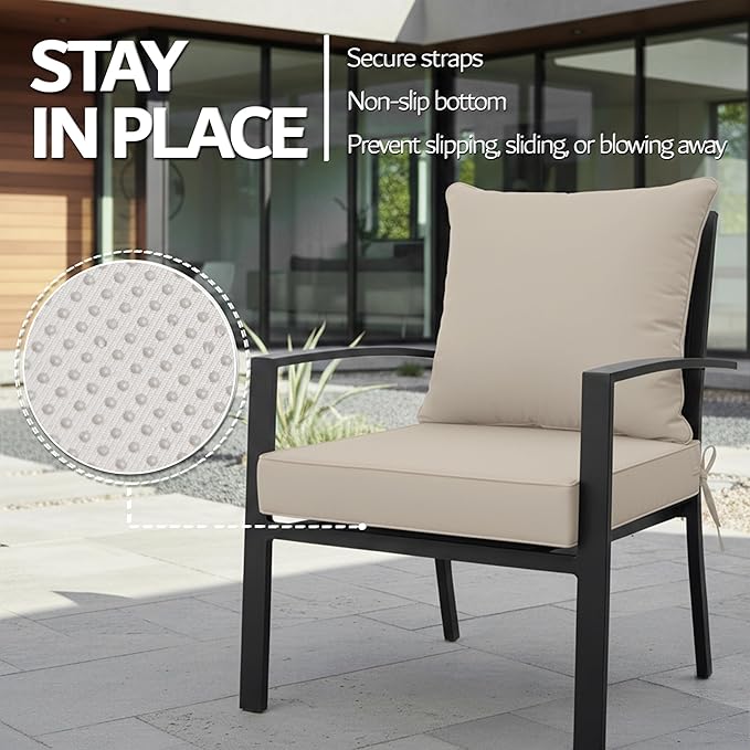 24x24 Inch Outdoor Chair Cushions Set of 4, Patio Furniture Cushions - Removable Cover, Water-Repellent, Fade-Resistant, Non-Slip Bottom & Straps, Replacement for Deep Seat Sofa & Couch - Cream