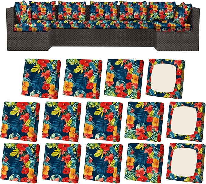 14Pcs Patio Cushion Covers, Stretch Couch & Sofa Replacement Slipcovers for Patio Furniture Cushion Covers, Washable Reusable Furniture Protector, Square Large, Big Flower