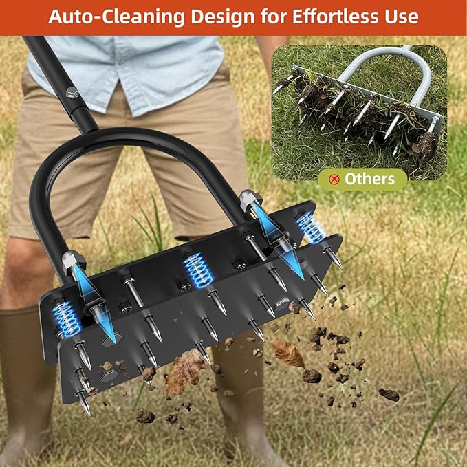 GAINO Manual Lawn Aerator Tool with 15 Spikes, 32"-35" Adjustable T-Handle Aerator for Lawn, Automatic Dirt Ejection Design, Heavy Duty Yard Grass Aerator for Soil Compaction，Black
