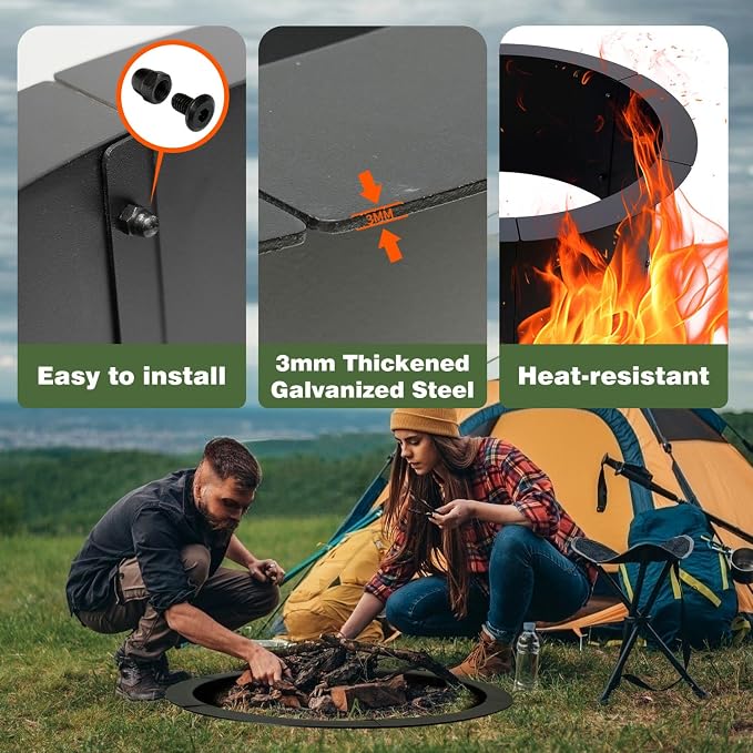 Outdoor Fire Pit Ring 43.3-Inch Outer/39.3-Inch Inner, Fire Pit Insert Round Metal Steel Fire Rings for Outside Wood Burning Fire Pits-Above Or In-Ground, Patio Backyard Camping Bonfire