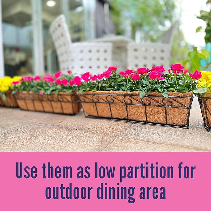 LaLaGreen Wall Mounted Planters - 30 Inch, 2 Pack Window Flower Pot Attach to House Outdoor, Balcony Plant Pot Over the Rail, Deck Railing Hanging Coco Liners, Metal Horse Troughs Fence Patio Porch