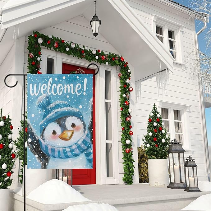 Pfrewn Christmas Winter House Flag 28x40 Double Sided Penguin in Blue Hat Snowy Garden Yard Flags Welcome Winter Outdoor Indoor Banner for Party Home Merry Christmas Xmas Decorations