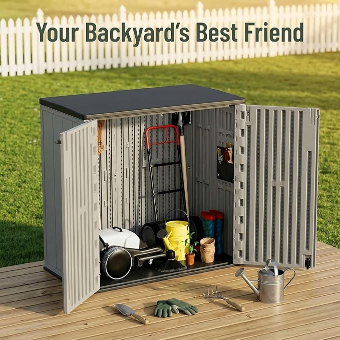 37 Cu. Ft Outdoor Storage Box, Waterproof Resin Shed with Lockable Lid, Horizontal Outdoor Storage Cabinet for Patio Garden Lawn Mower Bike Tools, Wood-Like HDPE Panels, Easy Assembly