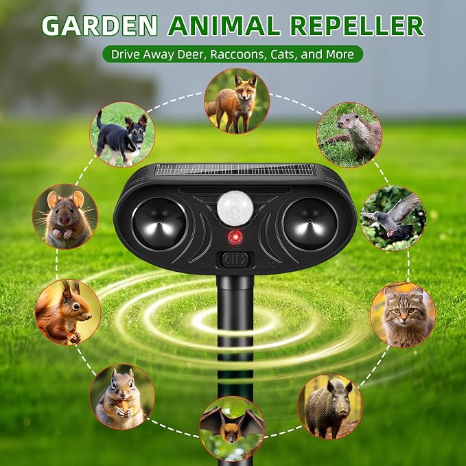 2026 Upgraded Solar Ultrasonic Animal Repellent, 2 Pack IP65 Waterproof Sonic Deer Deterrent, Motion Activated Outdoor Repeller to Keep Cats, Squirrels, Raccoons, Skunks & Dogs Away from Garden, Yard