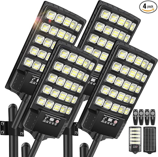 4Pack Solar Street Lights Outdoor Waterproof, 30000LM 6500K LED Motion Sensor Lights, Dusk to Dawn Solar Flood Light with Remote, Solar-Powered Parking Lot Light, Commercial Area Lighting for Outside
