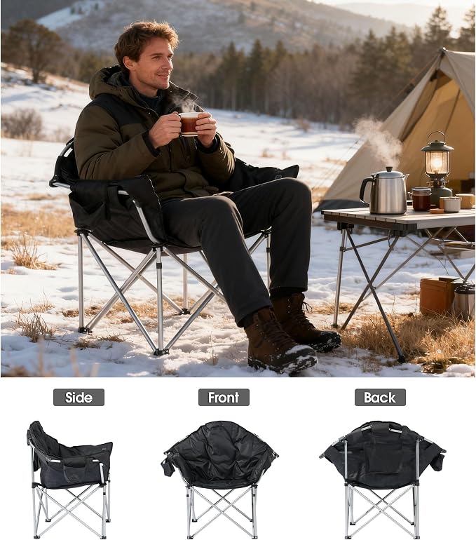 SunSettler Oversized Heated Camping Chair, Outdoor Camp Chairs with 3 Heat Levels, Portable Folding Padded Chair for Camp, Lawn, Sports (Black, Oversized)