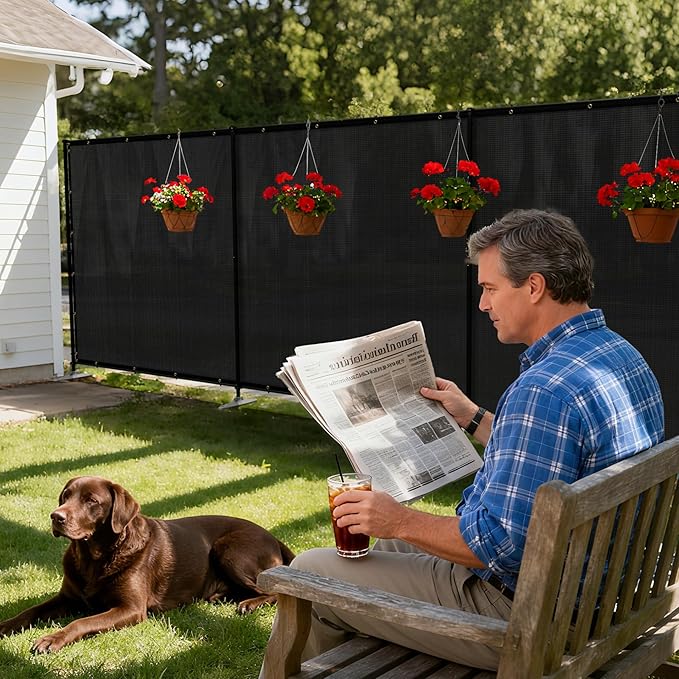Windscreen4less Outdoor Privacy Fence Screen, 6'x77' Freestanding Privacy Fencing Set with Iron Poles and Ground Spikes, UV Resistant Mesh Cover Garden Pet Fencing for Backyard Patio Pool, Black