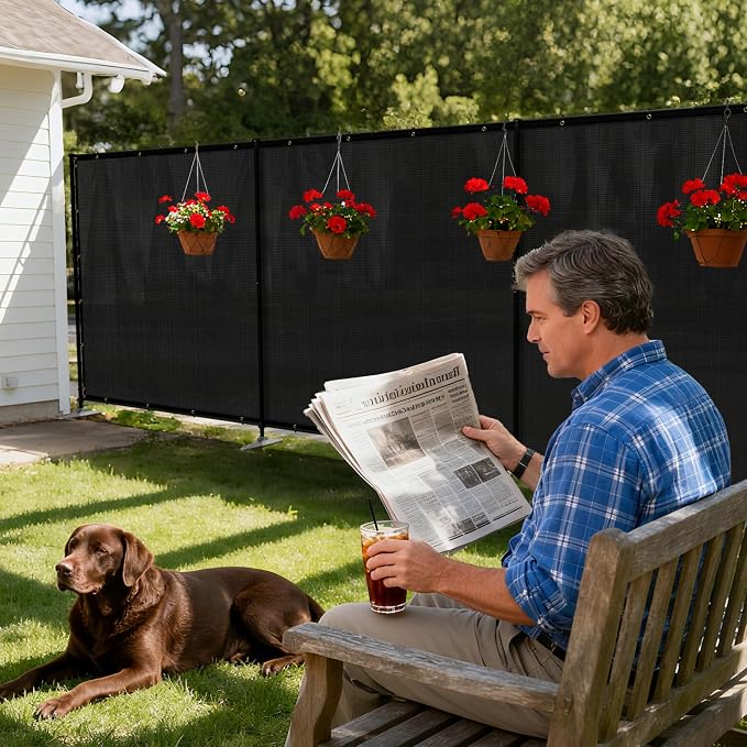 Windscreen4less Outdoor Privacy Fence Screen, 6'x109' Freestanding Privacy Fencing Set with Iron Poles and Ground Spikes, UV Resistant Mesh Cover Garden Pet Fencing for Backyard Patio Pool, Black