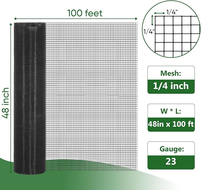Hardware Cloth 1/4 inch 48 x 100 ft 23 Gauge Black Vinyl Coated Welded Wire Mesh Roll PVC Coated Welded Wire Fence Chicken Wire Fencing Mesh Roll
