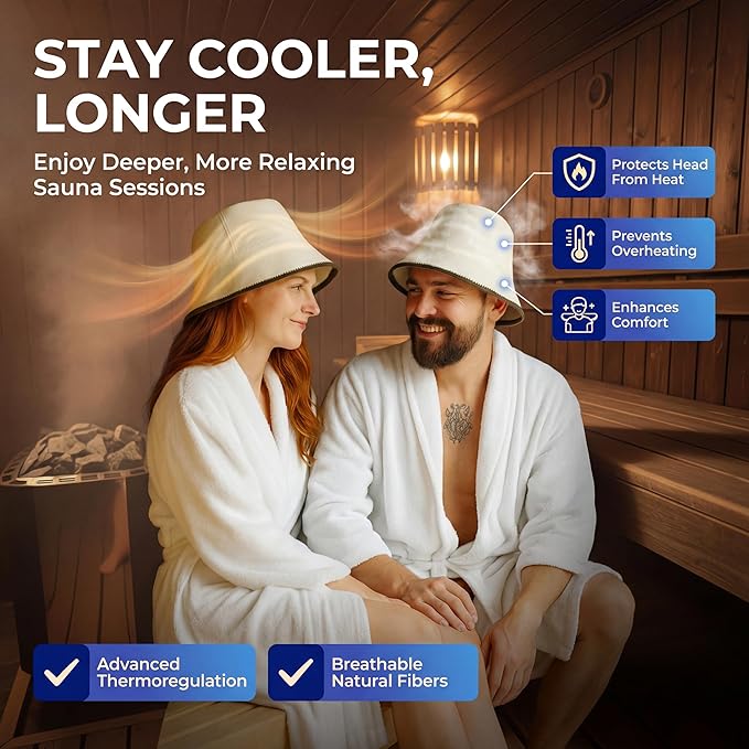Wool Sauna Hat for Men and Women (2 Pack) — 100% Natural Wool — Breathable, Itch-Free and Odor Resistant Sauna Cap — Ideal Banya Hat for Men White