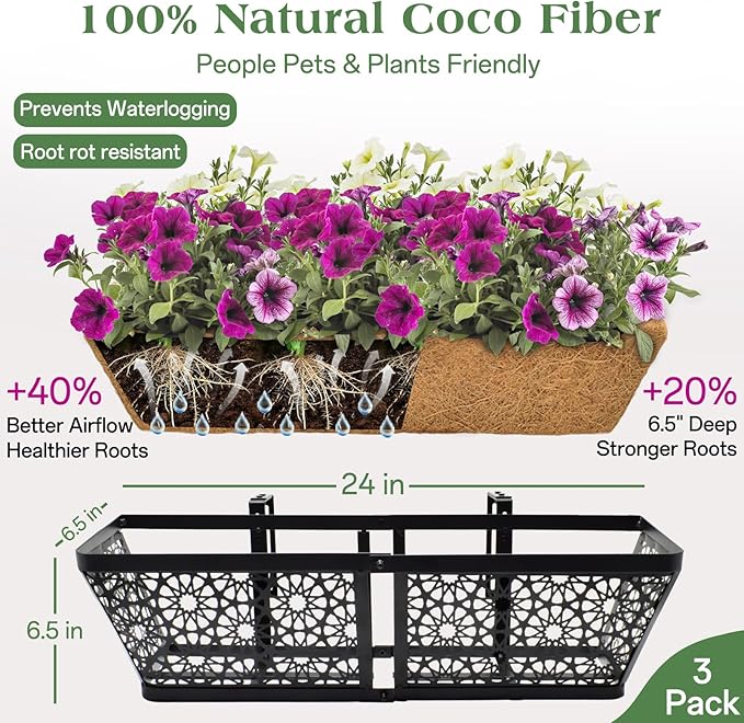 ZeeDix 3 Pack Metal Window Box for Railings, 24 Inch Over Railing Planter Boxes with Coco Liners, Hanging Flower Box Planters for Outdoor Fence Deck Porch Balcony & Patio