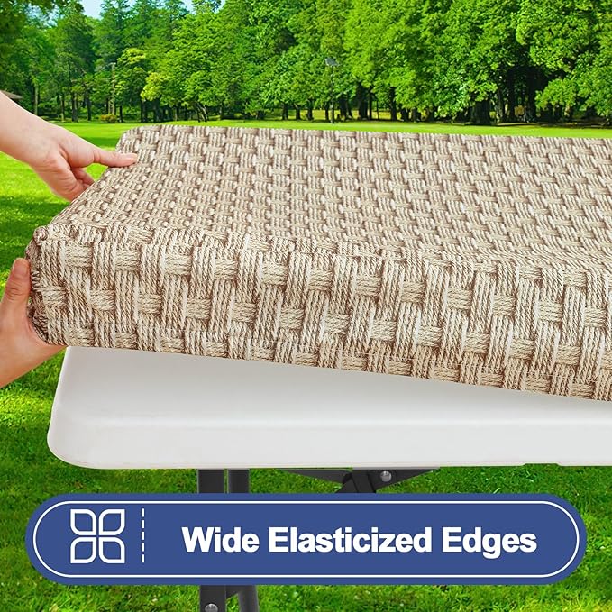 Smiry Picnic Table Cover with Bench Covers, Waterproof Elastic Fitted Tablecloth for 5 Foot Tables, Washable Polyester Tablecloths for Camping, Indoor & Outdoor (Champagne, 30x60 Inch 3-pc Set)