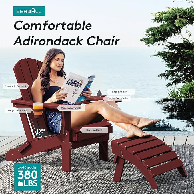 SERWALL Adirondack Chair with Cup Holders - Composite Adirondack Chairs Set of 6 HDPE Outdoor Chairs All Weather Use- Dark Red