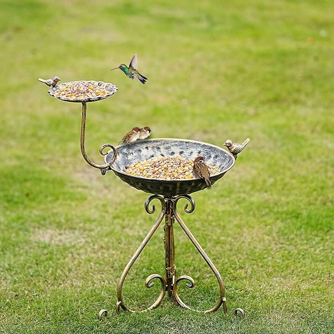 Bird Baths for Outdoors, Free-Standing Bird Bath and Bird Feeder 2-in-1 Design, Metal Bird Bath Stand and Bird Feeder Seed Tray for Garden Yard Decor