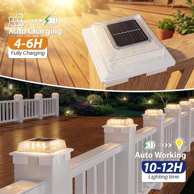 APONUO Solar Post Cap Lights, 3 Color Modes & 2 Brightness, Adjustable Base Fits 4x4 5x5 6x6 Posts (3.5-5.5 Inch), IP65 Waterproof, Deck & Fence Post Lights Solar Powered with Screws, White, 4 Pack