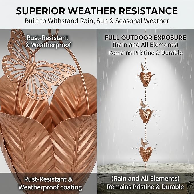 Topadorn Butterfly & Flower Rain Chain, 8.7 FT Copper Finish Metal Rain Chain for Gutters, Decorative Downspout Alternative for Garden, Patio & Yard Decor
