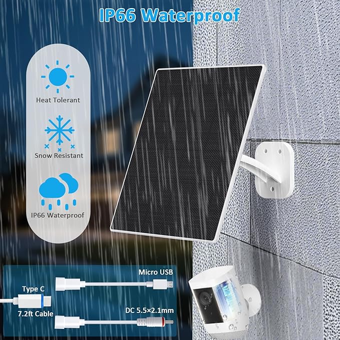 FUTUREZEN Solar Panel for Security Camera, 10W Solar Charger with DC 5.5x2.1mm, USB-C & Micro USB Port, IP66 Waterproof, 360° Adjustable Mount, 7.2FT Cable