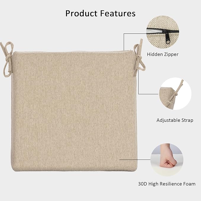 Outdoor Chair Cushions Set of 4,350GSM Fabric,Water-Resistant UV Resistant Weather Resistant with YKK Zippers, Square Corner Patio Chair Cushions with Ties, 20"x20"x3.1",Sand
