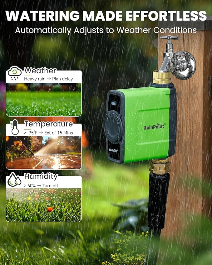 RAINPOINT WiFi Water Timer for Garden Hose, WiFi Sprinkler Controller, Smart Hose Timer Valve, Automatic Drip Irrigation System/Rain Delay for Garden/Lawn/Yard (Brass Inlet & Outlet, No Gateway)