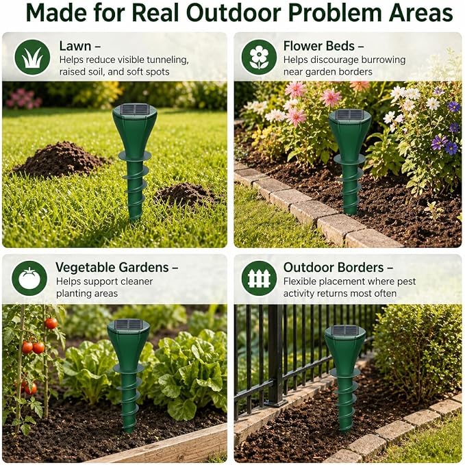 Solar Powered Mole Repellent Stakes, Ultrasonic & Vibration Deterrent for Moles, Gophers & Voles, IP65 Waterproof Outdoor Pest Repeller for Yard, Lawn & Garden, 4 Pack