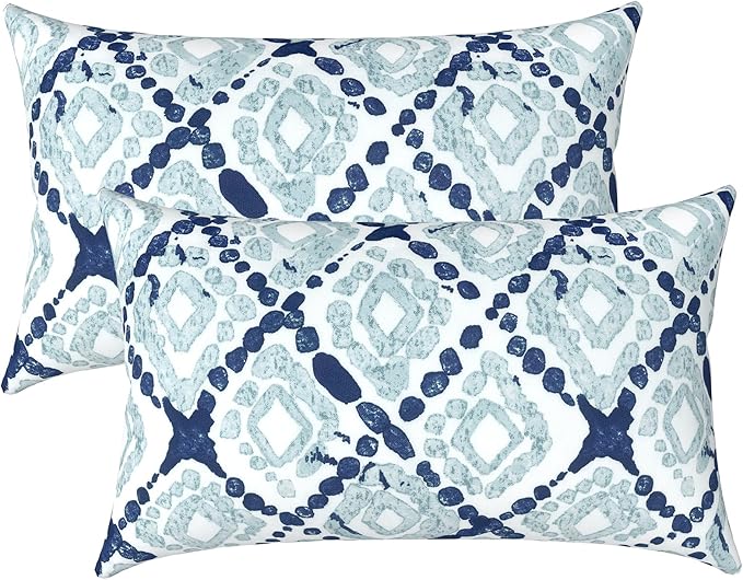 LVTLVTXIII 12×20 Inch Outdoor Lumbar Pillows, Pack of 2 Water Repellent Lumbar Pillow with Inserts, Fluffy Decorative Garden Lumbar Cushions for Home Patio Coach Sofa Use, Boho Geometry Blue