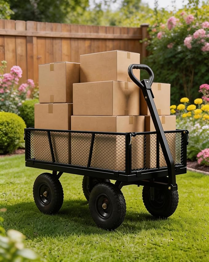 GarveeTech 400LBS Heavy Duty Steel Garden Cart, Garden Wagon Cart on Wheels, Metal Yard Utility Wagon with Removable Mesh Sides, 10" All Terrain Tires, 180° Rotating Handle for Lawn, Garden, Farm