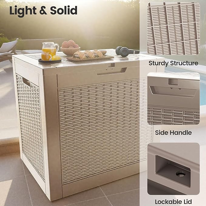 31 Gallon Outdoor Storage Box - Waterproof Resin Rattan Deck Box for Indoor & Outdoor Use - Lockable Outside Storage Bin for Package Delivery, Patio Cushions & Gardening Tools, Brown