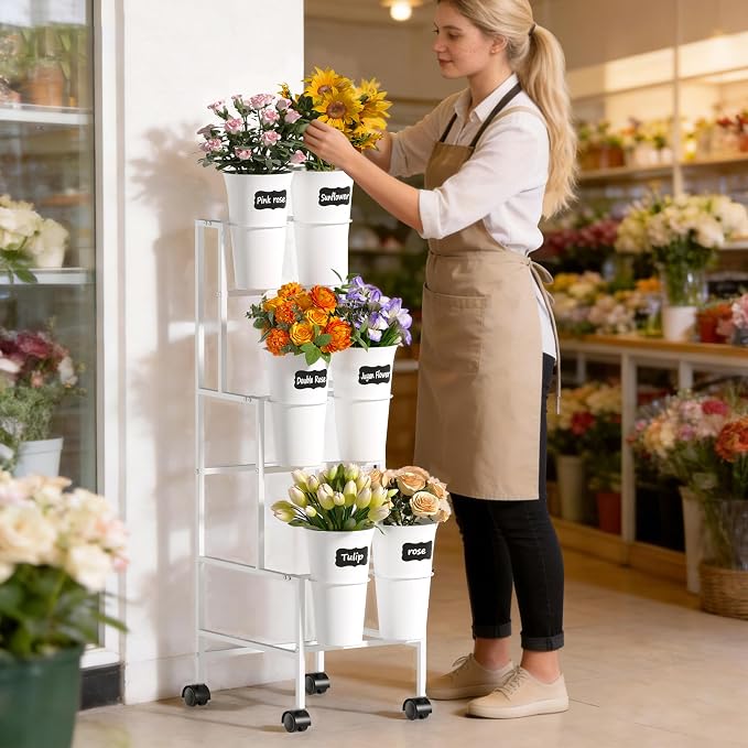 Flower Display Stand with 6 Buckets, Flower Cart with Wheels, 3 Layers Metal Flower Bar Stand Moving Flower Stand Florist Bouquet Shelf for Weddings Party Ceremony Indoor Outdoor Garden (White)