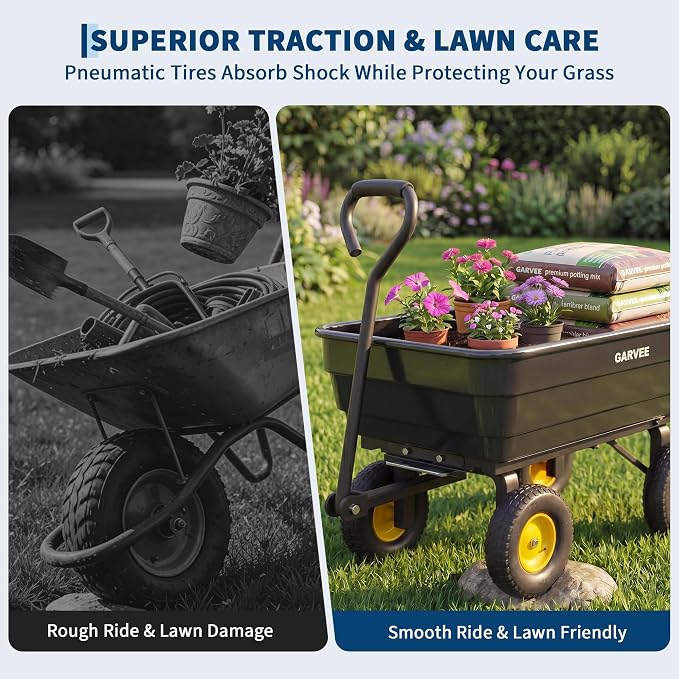Garvee Poly Garden Dump Cart, Heavy Duty 600lbs Wheelbarrow Yard Cart Dump Wagon with 10”All Terrain Wheels, Garden Utility Wagon with Quick Release System& Convertible Handle Attach to ATV (Black)