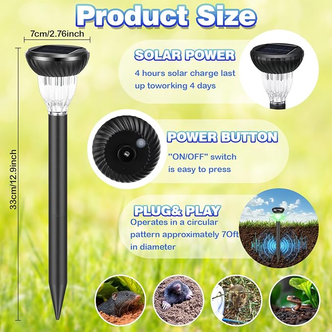12 Pack Solar Ultrasonic Animal Repellent with RGB Color-Changing Lights, Pest 360° Sonic Deterrent for Outdoor Lawn & Garden, Solar Powered Mole, Snake & Gopher Repellent Stakes (Round Style)