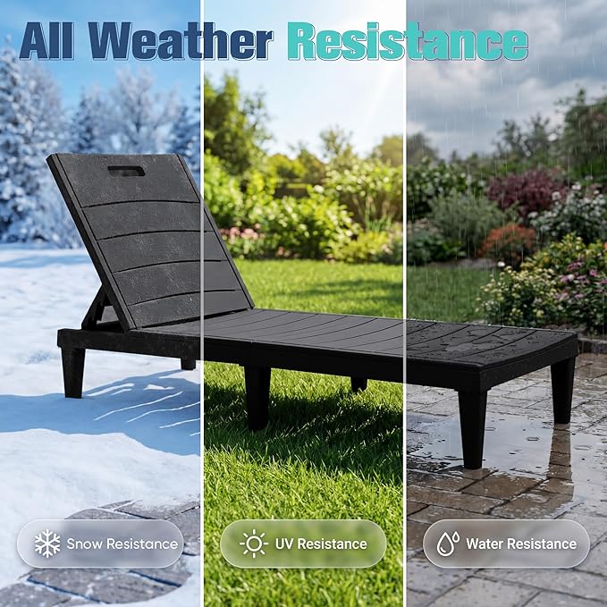Devoko Outdoor Chaise Lounge Chair Set of 2 with 5-Position Adjustable Back, Waterproof & Lightweight PP Lounge Chairs for Outside Pool Patio (Black)