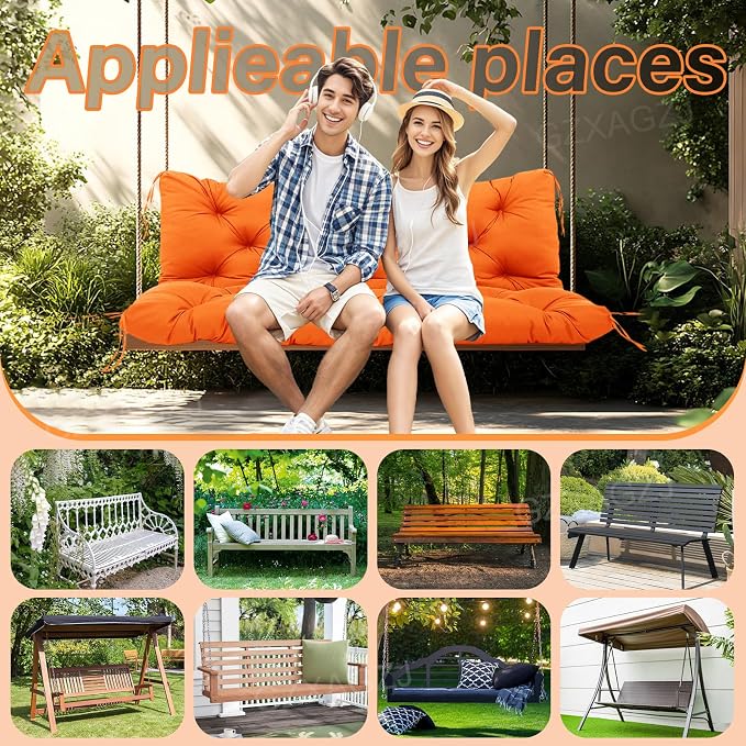 Premium Outdoor Swing Cushions 70x40 inch Waterproof Porch Swing Cushions 2-3 Seater Replacement with Backrest and Ties Swing Cushion for Outdoor Furniture Patio Porch Backyard Garden (Orange)