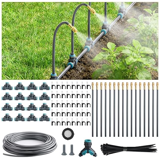 98FT 1/4" Quick-Connect Drip Irrigation System Kit, Automatic Garden Watering System with 16 Pcs Adjustable Spray Nozzles for Garden, Greenhouse, Yard, Lawn