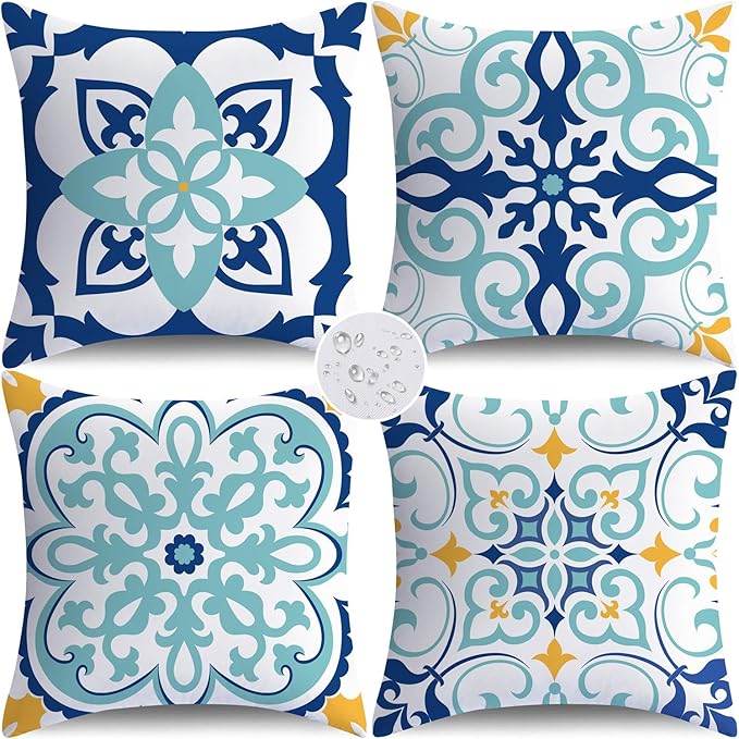 NIGHTWISH Outdoor Waterproof Pillow Covers 18x18 Set of 4 Teal Boho Decorative Throw Pillows Floral Cushion Cases for Patio Furniture Bench Couch Sunbrella