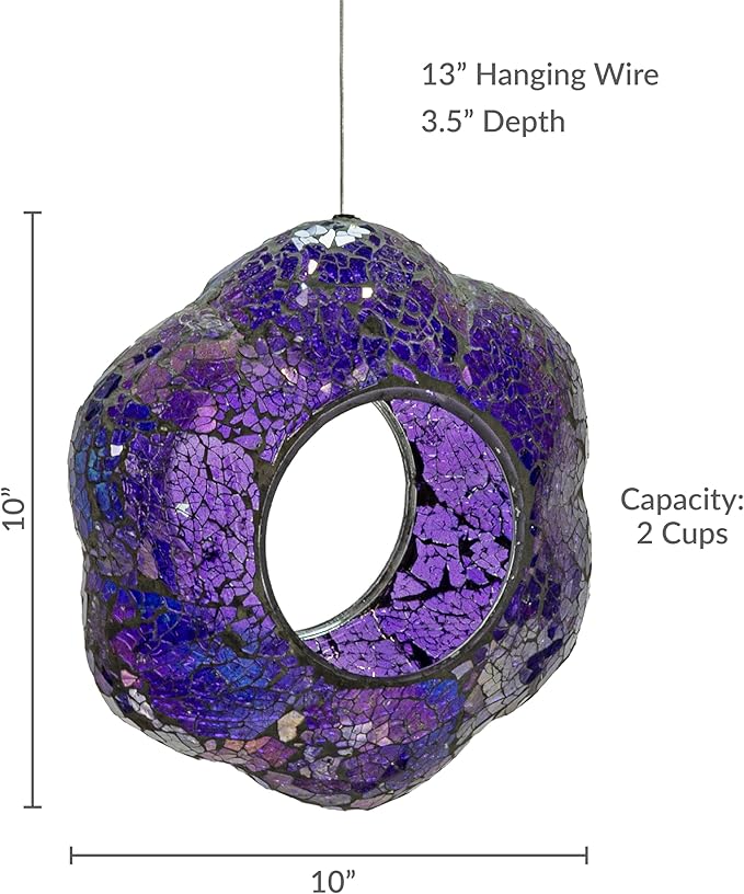Sunnydaze 10-Inch Glass Mosaic Hanging Bird Feeder for Outdoors - Fly-Through Glass Bird Feeder for Cardinals, Jays, Finches and More - Iridescent Purple Flower