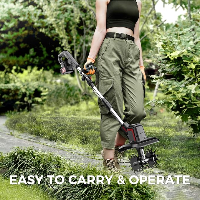 SOARFLY Upgraded Cordless Electric Tiller for Gardening, Total 8.0Ah Battery Powered Mini Cultivator with 2×4.0AH Batteries, 9" Width, 6.6" Depth, 48 Steel Tines Rototiller for Soil Cultivation
