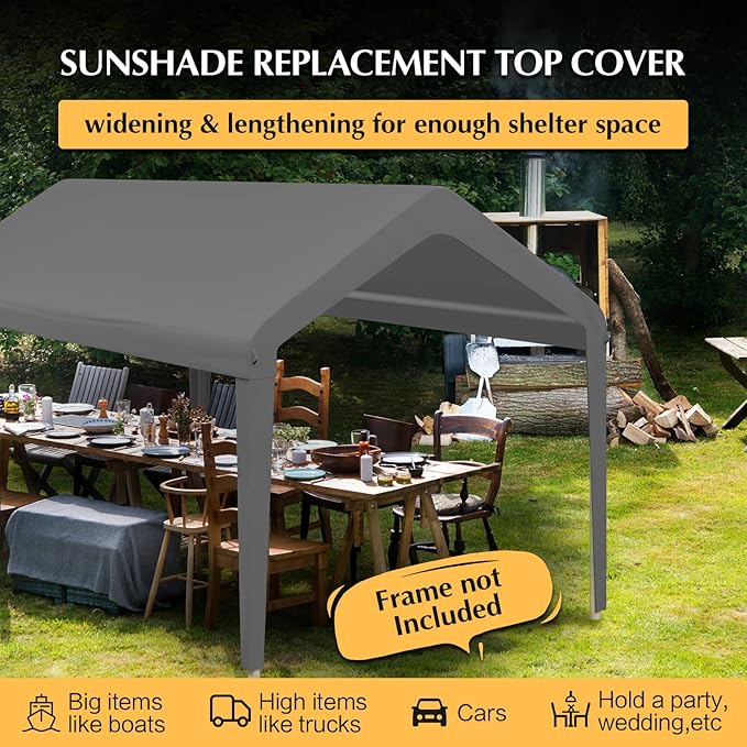 Canopy Replacement Cover, Carport Replacement Canopy Top Cover for 10' x 20' Frame, 800D Heavy Duty Waterproof & UV Protected Car Canopy with Ball Bungees (Frame is not Included) (Dark Gray)