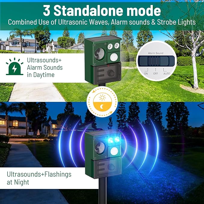 2-Pack Solar Animal Repeller Outdoor, Motion Activated Yard Guard Ultrasonic Deer Repellent Device for Rabbits, Raccoons & Squirrels, Flashing Light & IP44 Waterproof Garden Animal Control