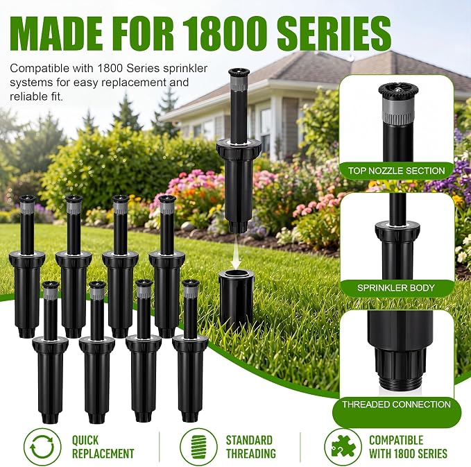 8 Pack Adjustable Sprinkler Heads for Lawn, Compatible with Rain Bird 1800 Replacement Sprinkler Head, 4-Inch Pop-Up, 9-20 ft Radius, 0-360° Adjustable Arc, Efficient Garden Yard Irrigation