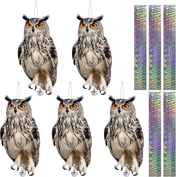 5PCS Hanging Effective Fake Owl Control Device Dual-Side Outdoors Owl with Reflective Tape for Patio Yard Outdoor Front Porch Backyard Windows