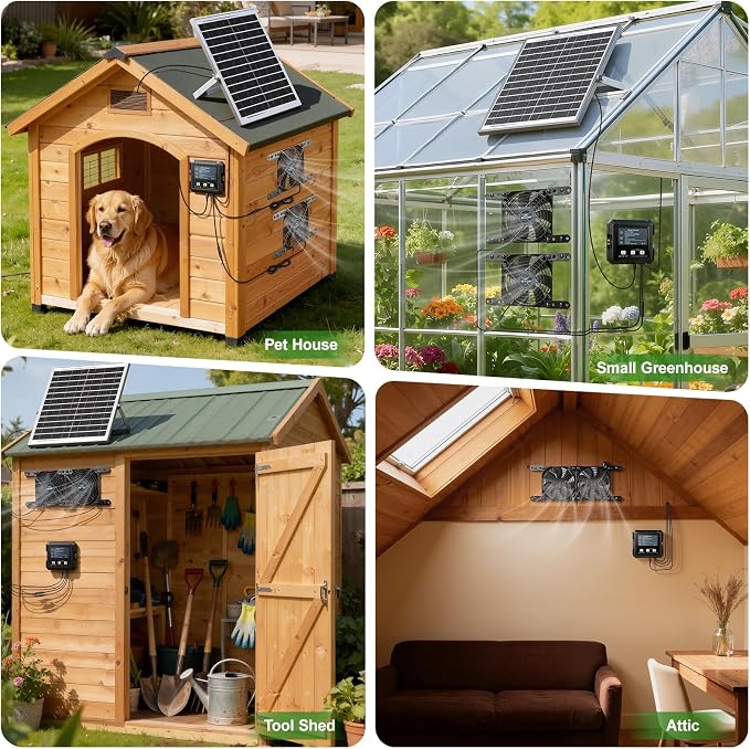 Solar-Powered Chicken Coop Exhaust Fan with Battery & Smart Sensing – 25W Solar Panel, 2 * 4.7" Fans, 3 Modes, IP65 Waterproof | Ideal for Chicken Coop, Dog House, Greenhouse, Outside