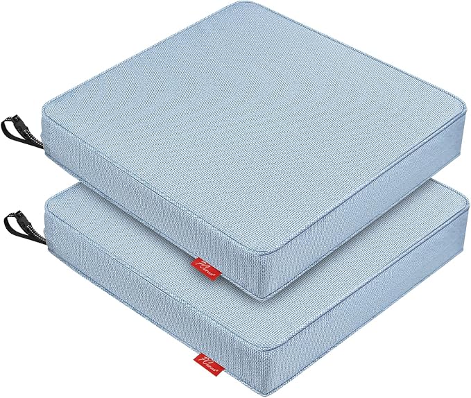Patio Chair Cushions 19x19 Inch, Water Repellent Outdoor Seat Cushions with Adjustable Straps, Fade Resistant Replacement Cushions for Garden Deck Sofa Couch, Set of 2, Light Blue