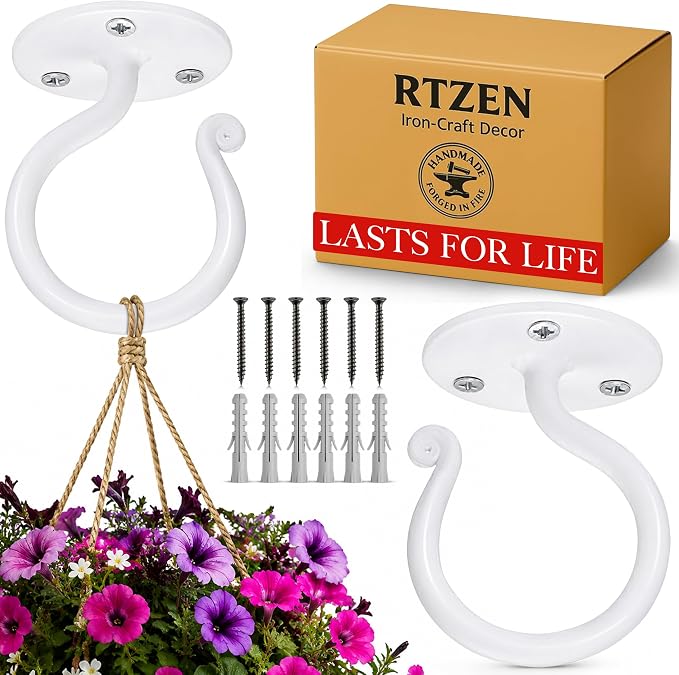 RTZEN Plant Hangers Outdoor or Indoor - Wrought Iron Metal Hanger Indoor Hook - Heavy Duty Wall Bracket Hooks for Hanging Plants Baskets Lanterns Bird Feeders - 2 Pack (White Ceiling Hooks 3.1")